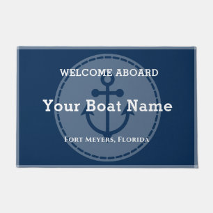 Navy Blue Welcome Aboard Boat Name Doormat