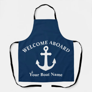 Navy Blue Welcome Aboard Boat Name Nautical Anchor Apron