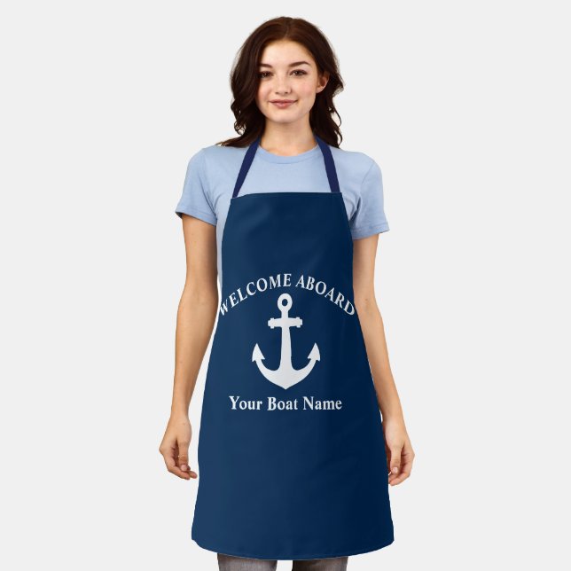 Navy Blue Welcome Aboard Boat Name Nautical Anchor Apron (Worn)