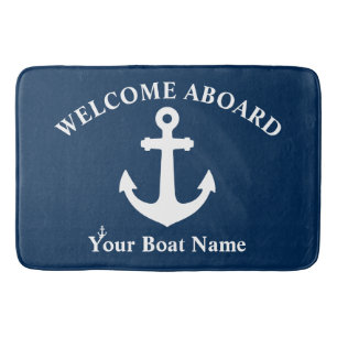 Navy Blue Welcome Aboard Boat Name Nautical Anchor Bath Mat