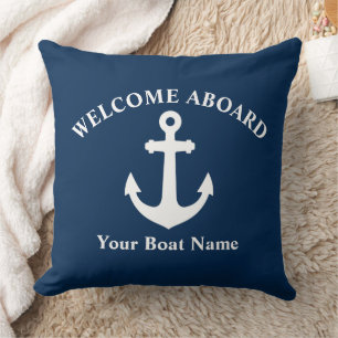Navy Blue Welcome Aboard Boat Name Nautical Anchor Cushion