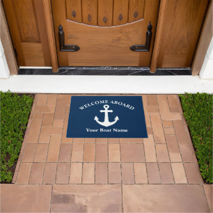Navy Blue Welcome Aboard Boat Name Nautical Anchor Doormat