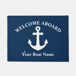 Navy Blue Welcome Aboard Boat Name Nautical Anchor Doormat
