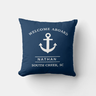 Navy Blue Welcome Aboard Custom Monogram Name  Cushion
