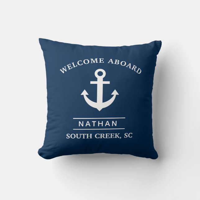 Navy Blue Welcome Aboard Custom Monogram Name  Cushion (Front)