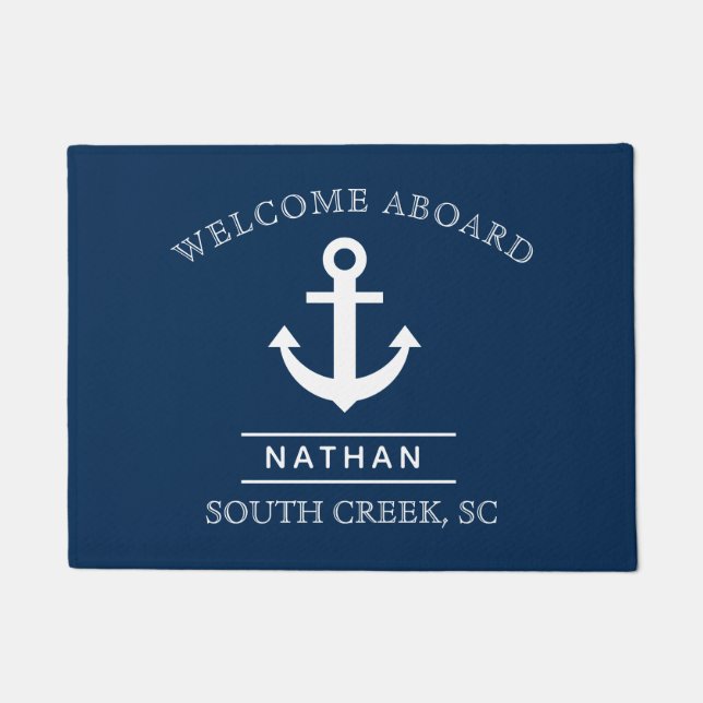 Navy Blue Welcome Aboard Custom Monogram Name  Doormat (Front)