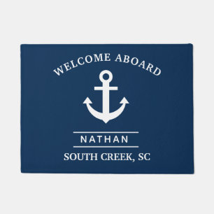 Navy Blue Welcome Aboard Custom Monogram Name Doormat