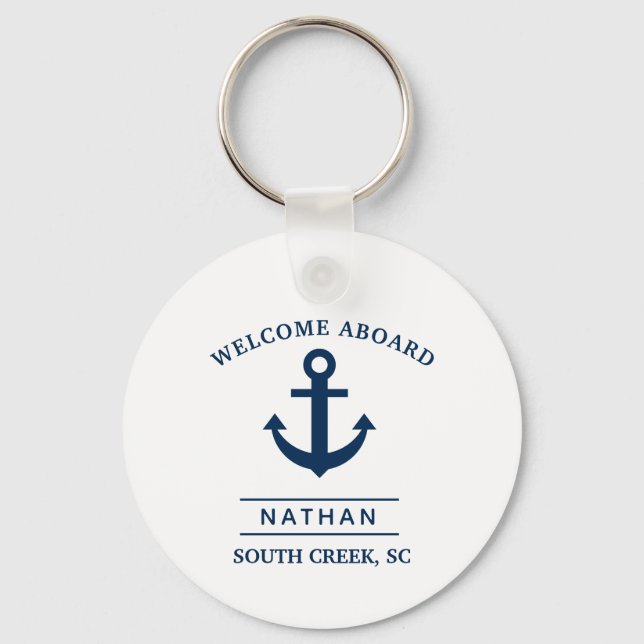 Navy Blue Welcome Aboard Custom Monogram Name  Key Ring (Front)