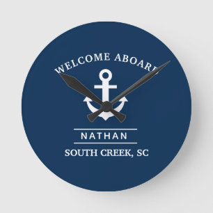 Navy Blue Welcome Aboard Custom Monogram Name  Round Clock