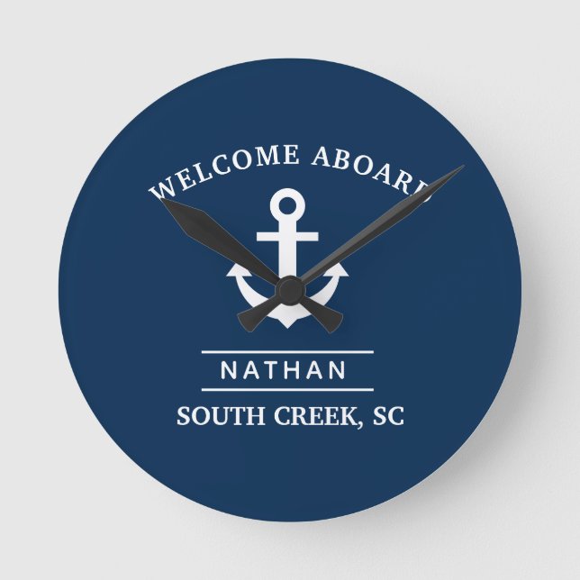 Navy Blue Welcome Aboard Custom Monogram Name  Round Clock (Front)