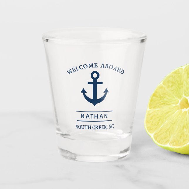Navy Blue Welcome Aboard Custom Monogram Name  Shot Glass (Front)