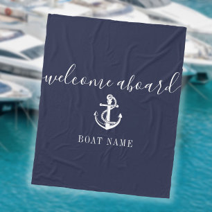 Navy Blue Welcome Aboard Nautical Anchor Boat Name Fleece Blanket