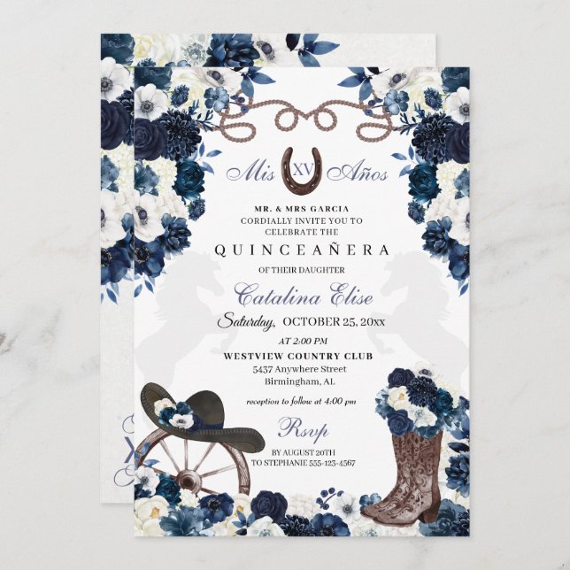 Navy Blue Western Charra Boots Quinceanera Invitation (Front/Back)