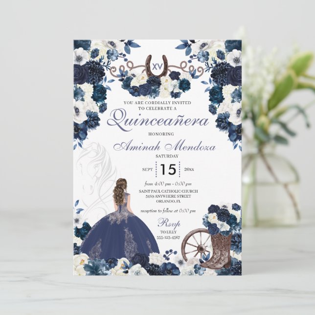 Navy Blue Western Charra Floral Boots Quinceañera Invitation (Standing Front)