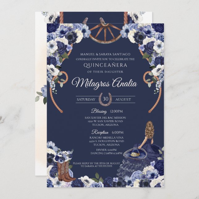 Navy Blue Western Charro Rustic Quinceanera  Invitation (Front/Back)