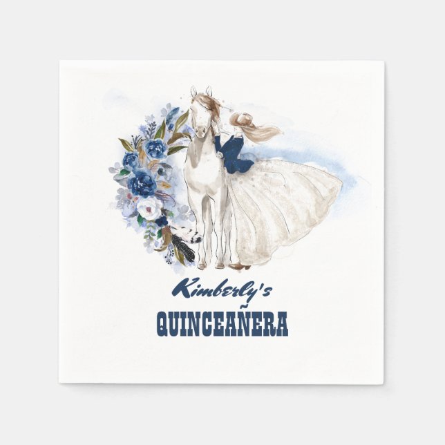 Navy Blue Western Cowgirl and Horse Quinceanera Napkin (Front)