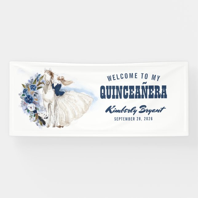 Navy Blue Western Quinceanera 15th Birthday Banner (Horizontal)