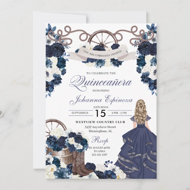 Navy Blue Western Ranchero Quinceanera Invitation (Front)