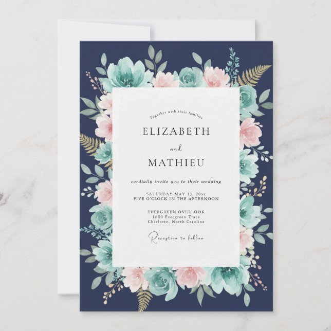 Navy Blue Whimsical Botanical Wedding Invitation (Front)