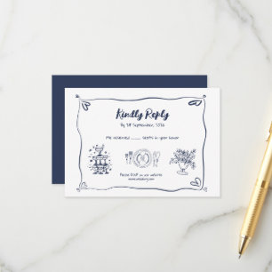 Navy Blue Whimsical Doodle Wedding RSVP Card