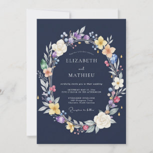Navy Blue Whimsical Floral Wedding Invitation