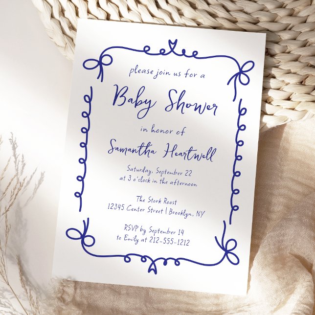 Navy Blue Whimsical Handwritten Boy Baby Shower Invitation (Creator Uploaded)