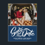 Navy Blue Whimsical Lettered Photo Save the Date Announcement Postcard<br><div class="desc">Announce your wedding to family and friends with this whimsical photo save the date postcard. This whimsical save the date card features white hand-lettered script on navy blue background. Personalise this script save the postcard by adding names, wedding date and other details. This typography save the date announcement is available...</div>