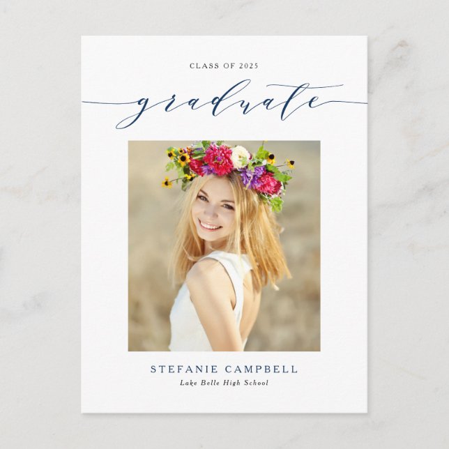 Navy Blue Whimsical Script Photo Graduation Announcement Postcard (Front)