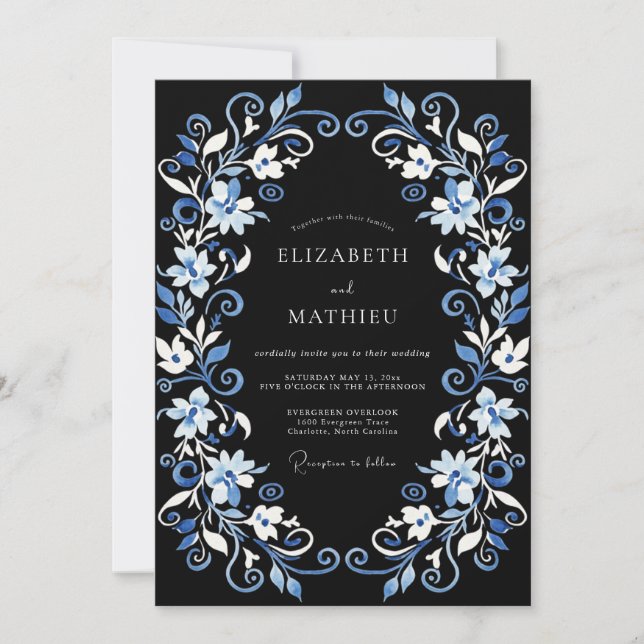 Navy Blue Whimsical Winter Wedding Invitation (Front)