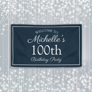Navy Blue White 100th Birthday Party Banner