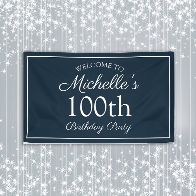 Navy Blue White 100th Birthday Party Banner (Navy blue and white women's 100th birthday party banner personalized with your own text)