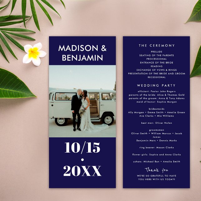 Navy Blue White 1 Photo Bold Minimalist Wedding Programme (Front / Back)
