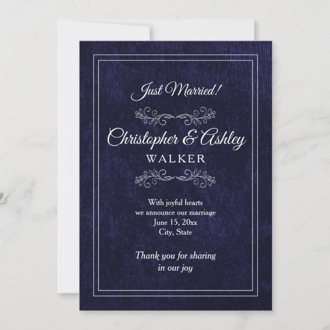 Navy Blue White 2 Sided Photo Wedding Announcement (Front)