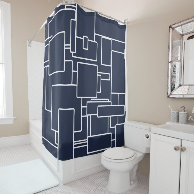 Navy Blue & White Abstract Geometric Shapes Shower Curtain (In Situ)