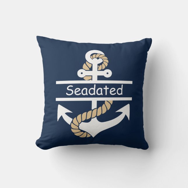 Navy Blue White Anchor Nautical Throw Pillow (Front)