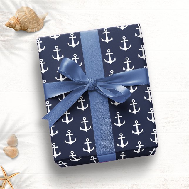 Navy Blue White Anchor Nautical Wrapping Paper (Creator Uploaded)