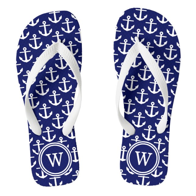 Navy Blue White Anchors Navy Rnd Initial Monogram Jandals (Footbed)