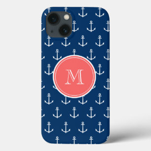Navy Blue White Anchors Pattern, Coral Monogram 2 iPhone 13 Case