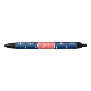 Navy Blue White Anchors Pattern, Coral Monogram Black Ink Pen