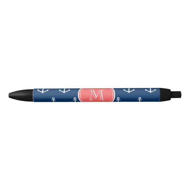 Navy Blue White Anchors Pattern, Coral Monogram Black Ink Pen (Front)
