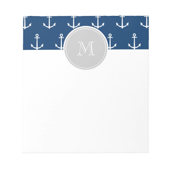 Navy Blue White Anchors Pattern, Grey Monogram Notepad (Front)