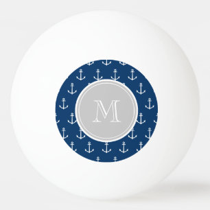 Navy Blue White Anchors Pattern, Grey Monogram Ping Pong Ball