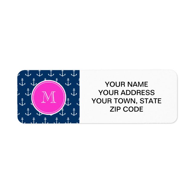 Navy Blue White Anchors Pattern, Hot Pink Monogram (Front)