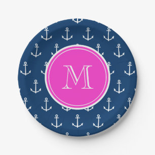 Navy Blue White Anchors Pattern, Hot Pink Monogram Paper Plate