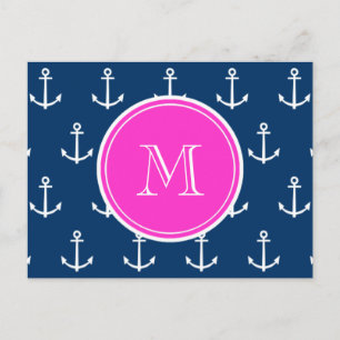 Navy Blue White Anchors Pattern, Hot Pink Monogram Postcard