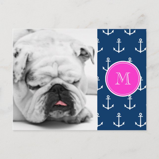 Navy Blue White Anchors Pattern, Hot Pink Monogram Postcard (Front)