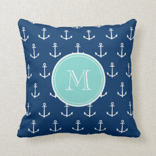 Navy Blue White Anchors Pattern, Mint Green Monogr Cushion