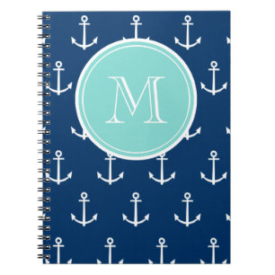 Navy Blue White Anchors Pattern, Mint Green Monogr Spiral Notebook
