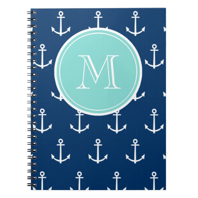 Navy Blue White Anchors Pattern, Mint Green Monogr Spiral Notebook (Front)