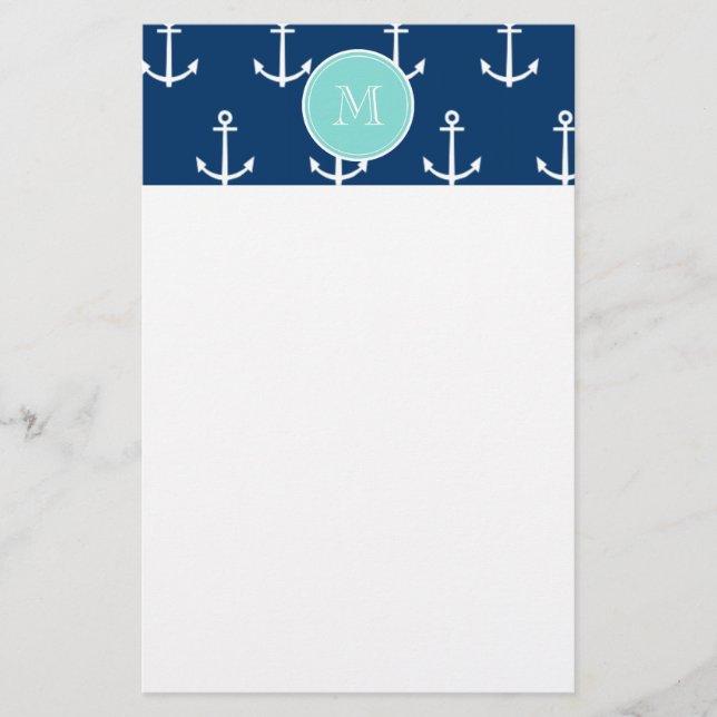 Navy Blue White Anchors Pattern, Mint Green Monogr Stationery (Front)
